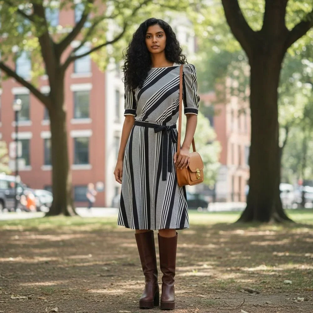 Vintage Brown & White Striped Midi Dress | Handmade 1980s Elastic Waist - Picture 3 of 16